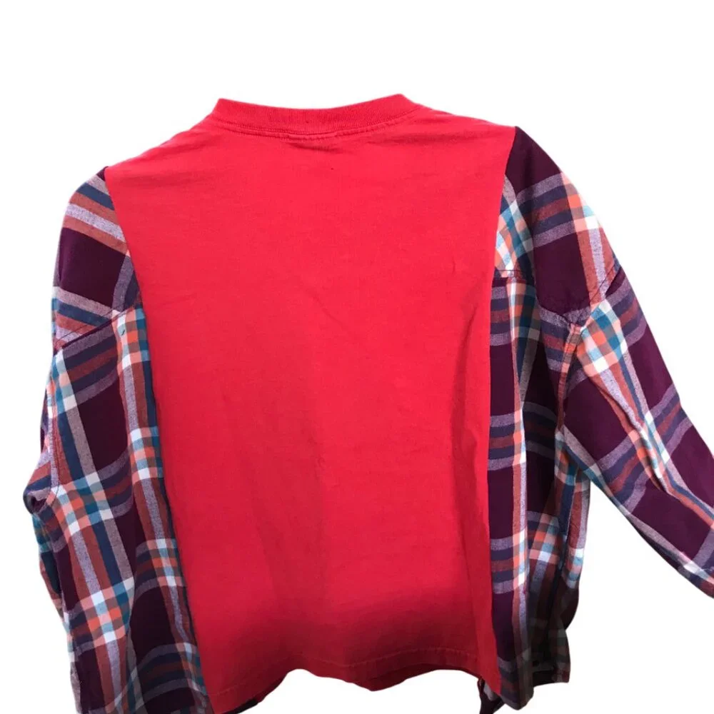 Upcycled Flannel Shirt, Oversized Football Graphic T-Shirt Pullover, Sz M - L - Picture 4 of 11